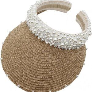 Straw Visor With Pearl Headband Kakhi One Size
